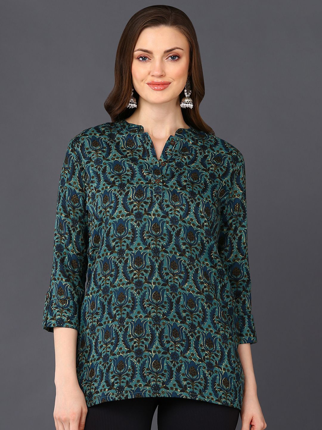 

KALINI Print Mandarin Collar Floral Printed Kurti, Teal