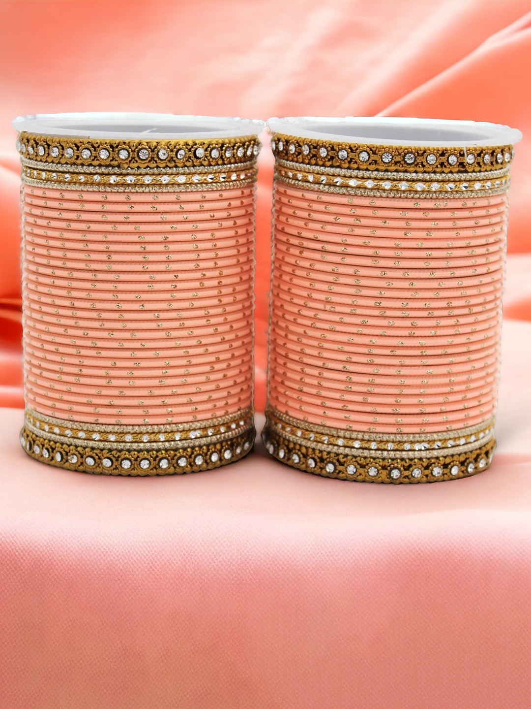 

leshya Set Of 64 Brass-Plated Stone-Studded & Beaded Bangles, Peach