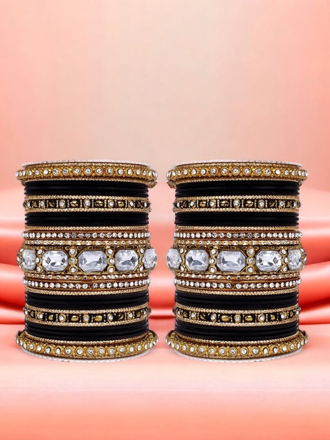 

leshya Set Of 62 Brass Plated Stone Studded & Beaded Bangles, Black