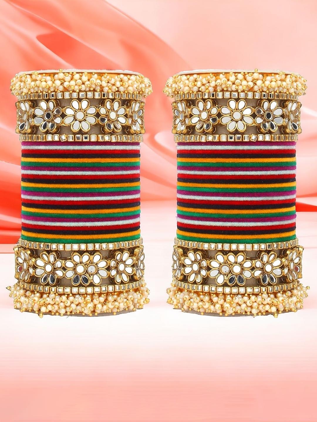 

leshya Set Of 48 Brass-Plated Stone-Studded & Beaded Bangles, Gold