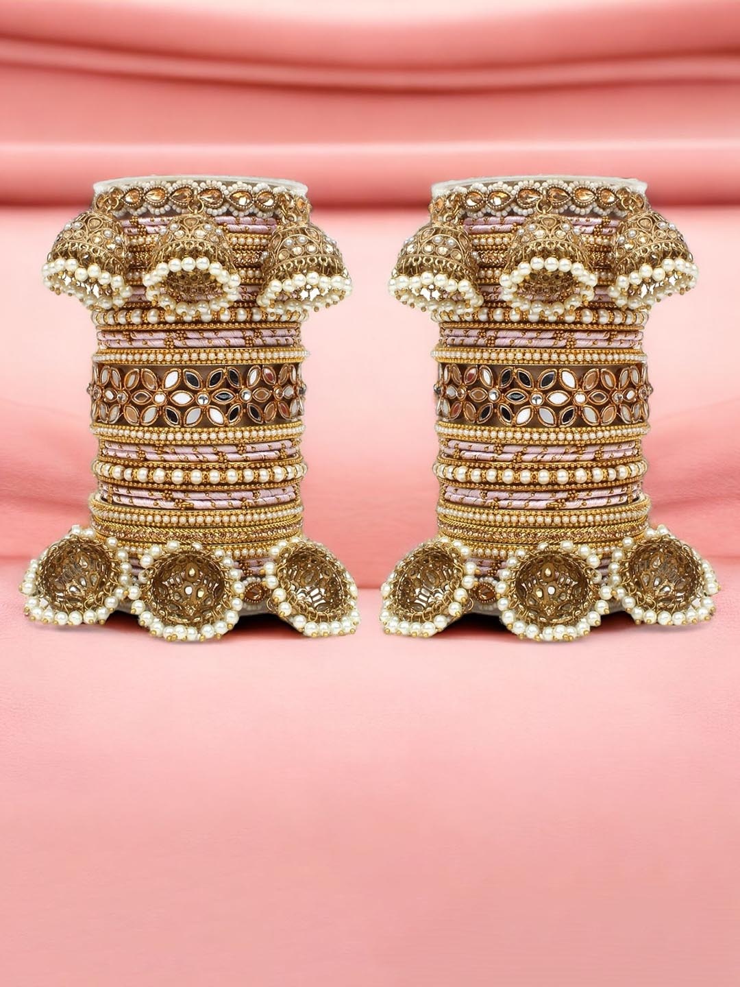 

leshya Set Of 50 Brass Plated Stone Studded & Beaded Bangles, Pink