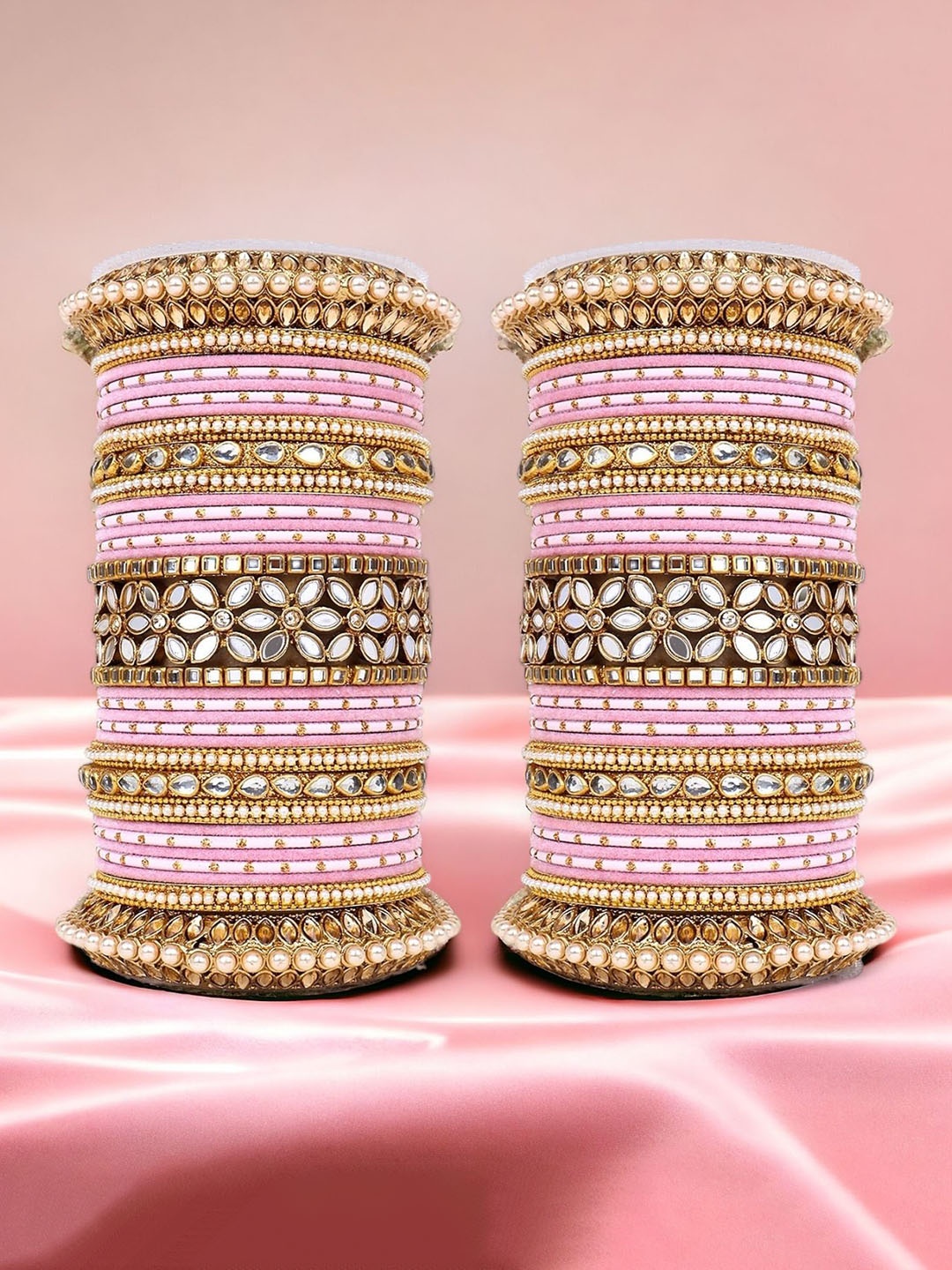 

leshya Set Of 46 Brass Plated Artificial Stones Studded Bangles, Pink