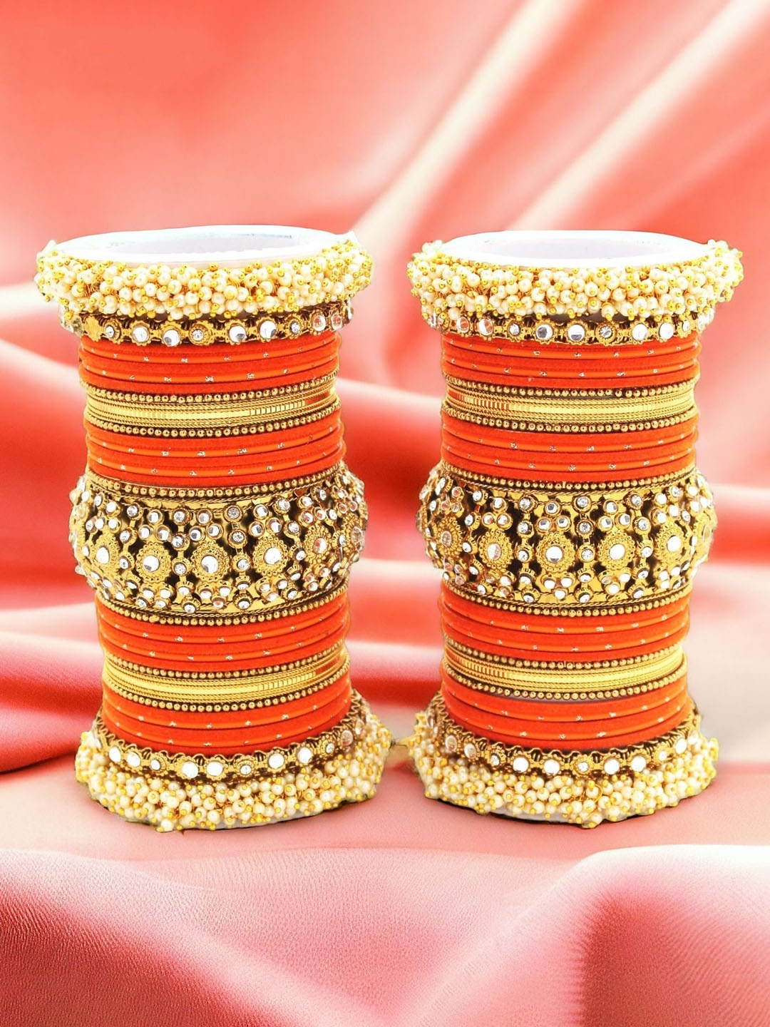 

leshya Set Of 66 Brass-Plated Stone-Studded & Beaded Bangles, Orange