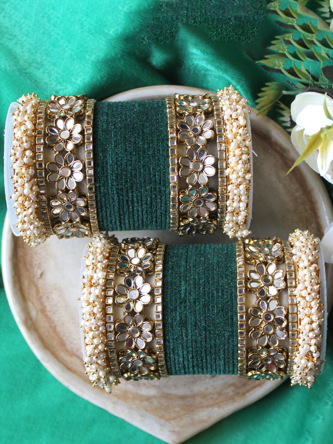

leshya Set Of 46 Brass Plated Artificial Stones Studded Bangles, Olive