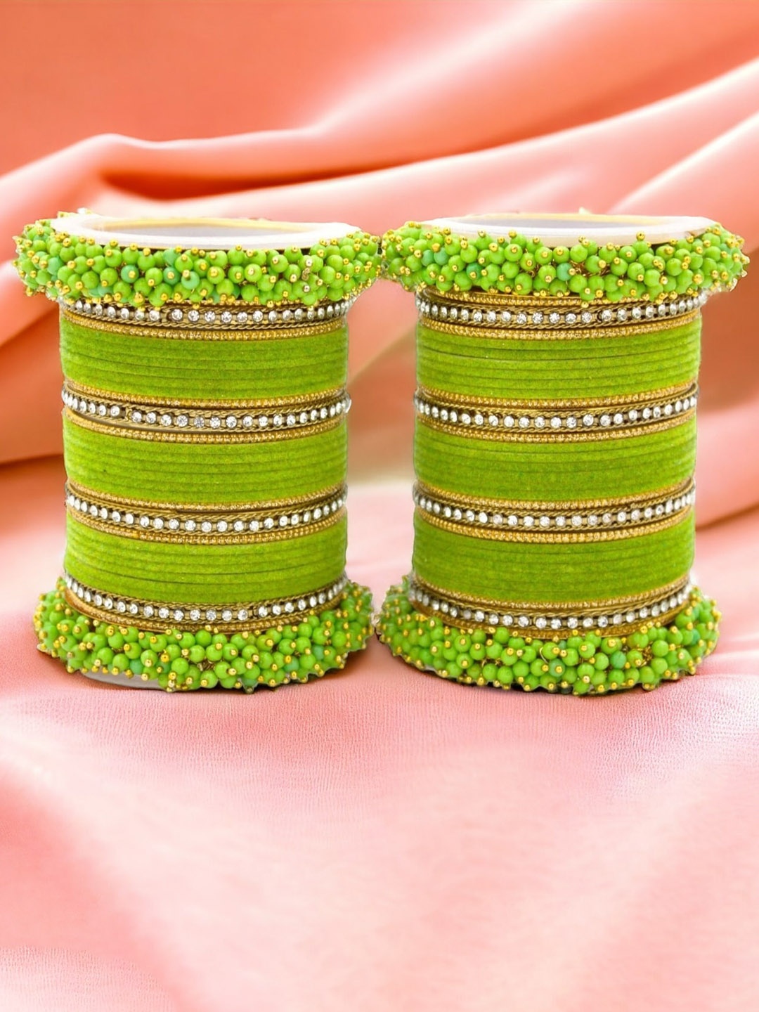 

leshya Set Of 64 Brass Plated Stone Studded & Beaded Bangles, Lime green