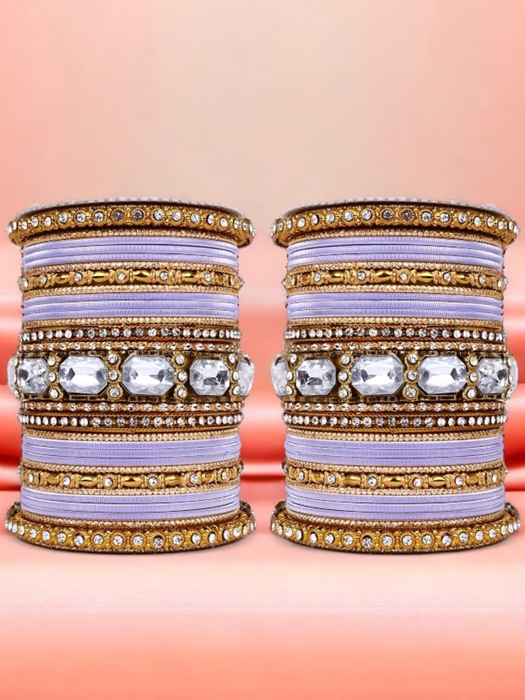 leshya Set Of 62 Brass-Plated Stone-Studded & Beaded Bangles, Lavender