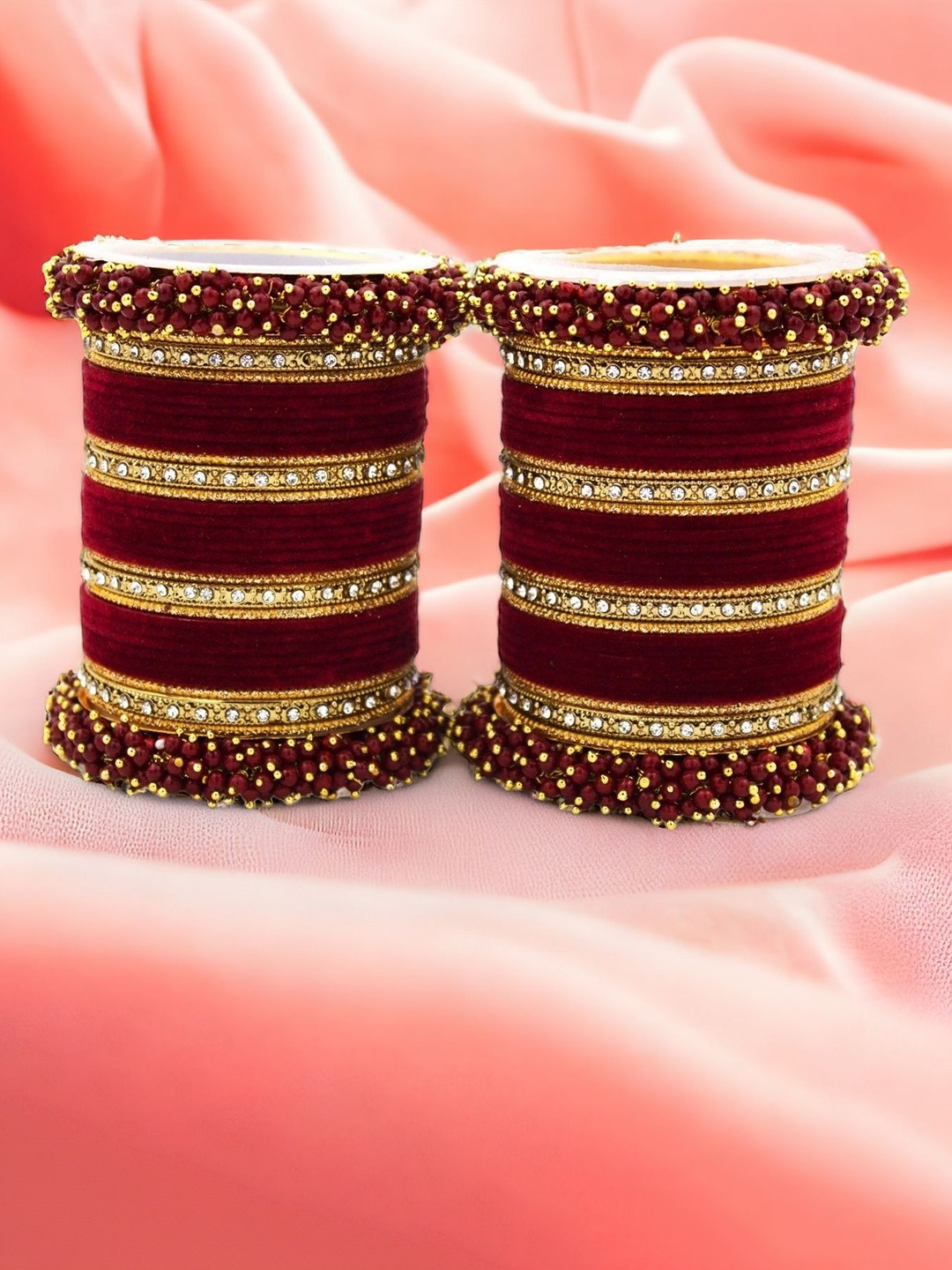 

leshya Set Of 64 Brass Plated Stones Studded & Beaded Velvet Bridal Bangles, Maroon