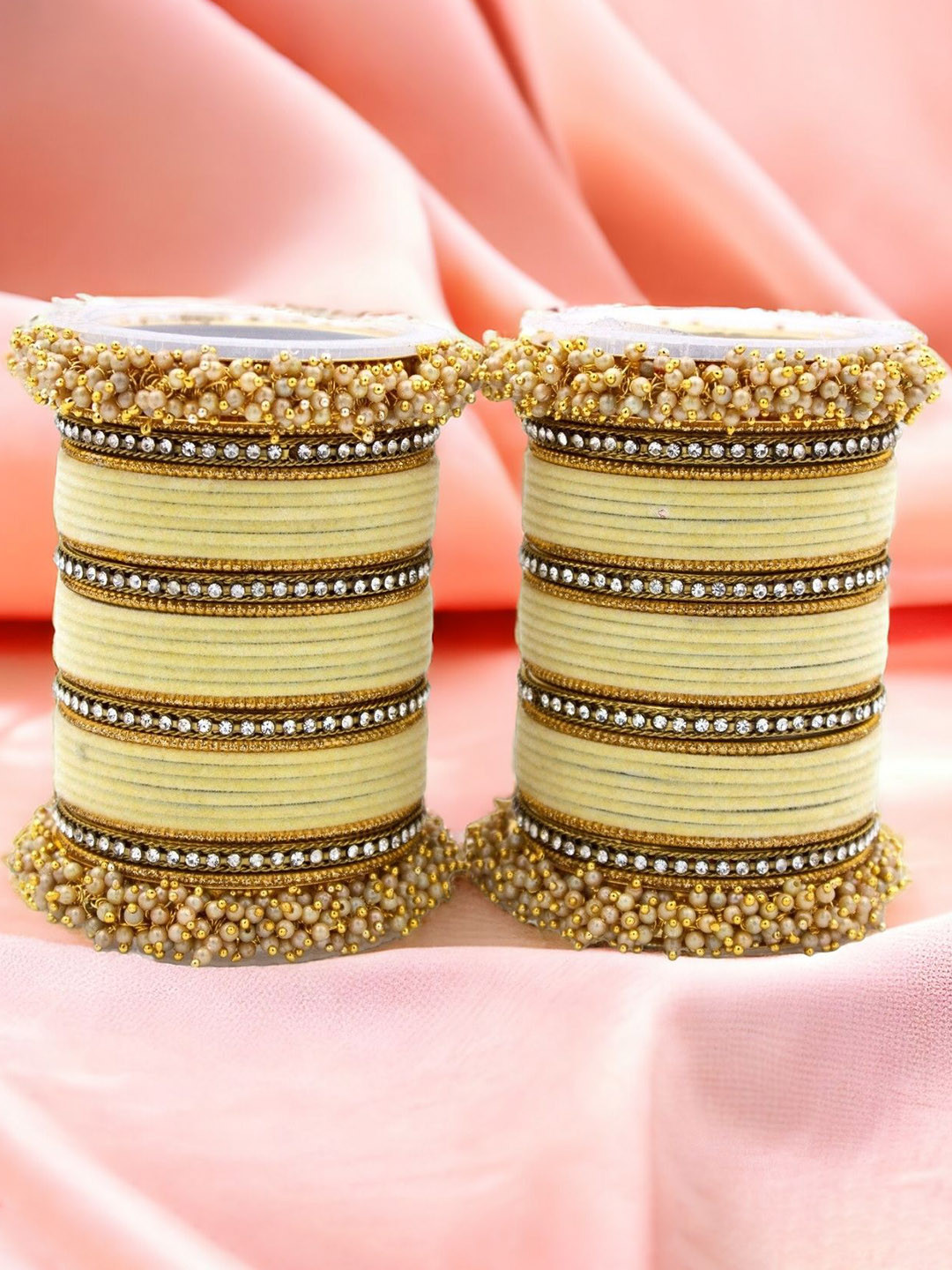 

leshya Set Of 64 Brass-Plated Stone-Studded & Beaded Bangles, Beige