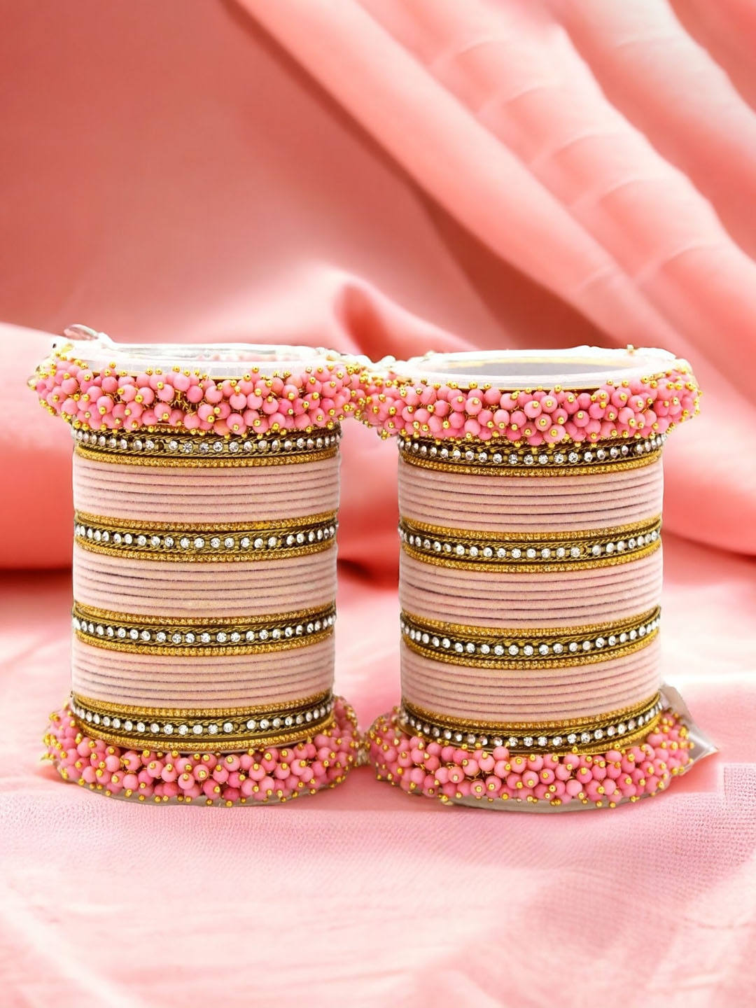 

leshya Set Of 64 Brass Plated Stone Studded & Beaded Bangles, Pink