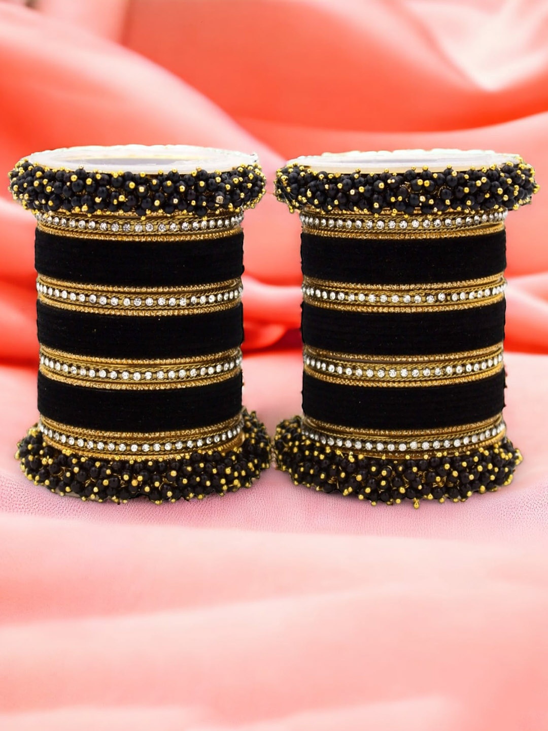 

leshya Set Of 64 Brass-Plated Stone-Studded & Beaded Bangles, Black