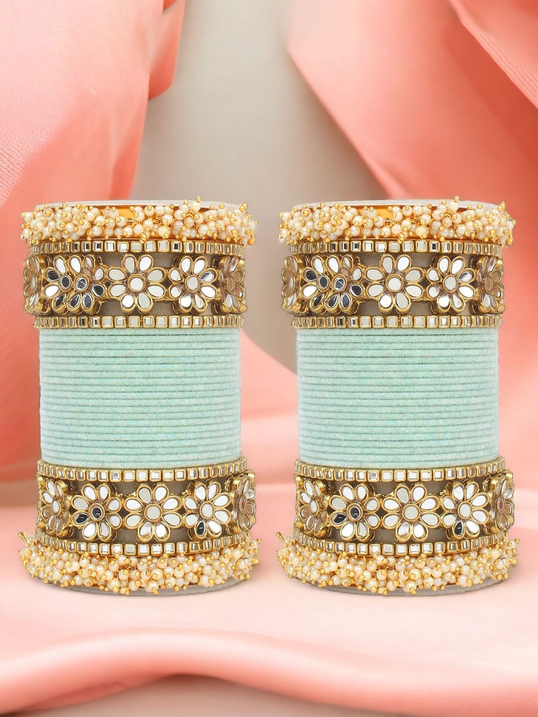 

leshya Set Of 48 Brass-Plated Stone-Studded & Beaded Bangles, Sea green