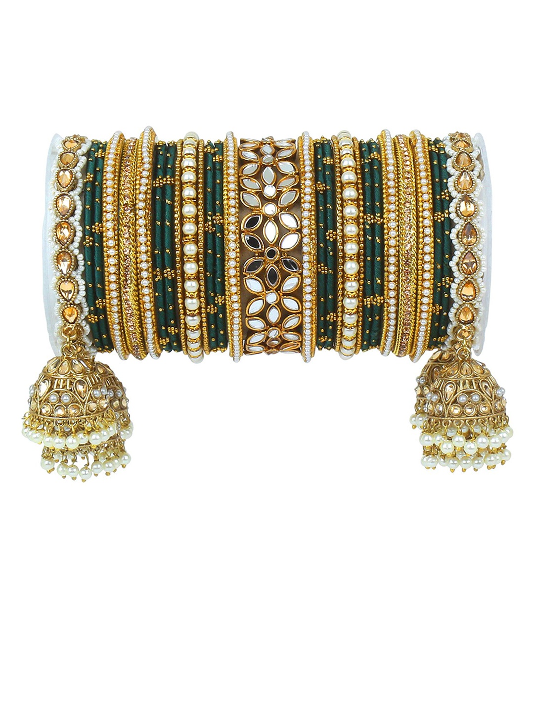 

leshya Set Of 50 Brass-Plated Stone-Studded & Beaded Bangles, Olive