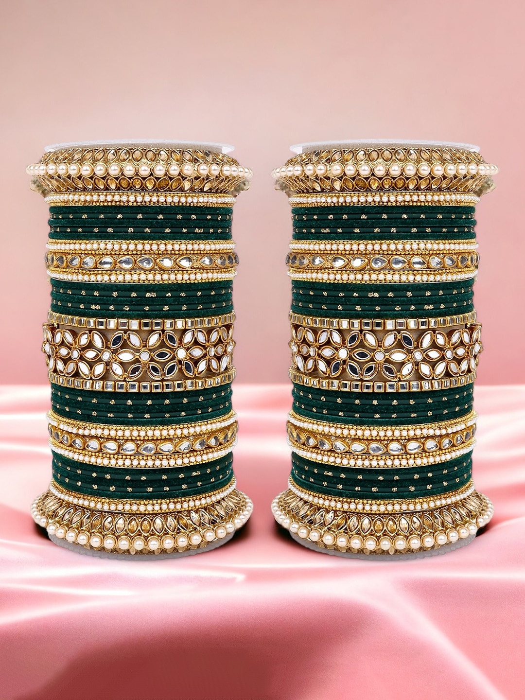 

leshya Set Of 48 Brass-Plated Stone-Studded & Beaded Bangles, Olive