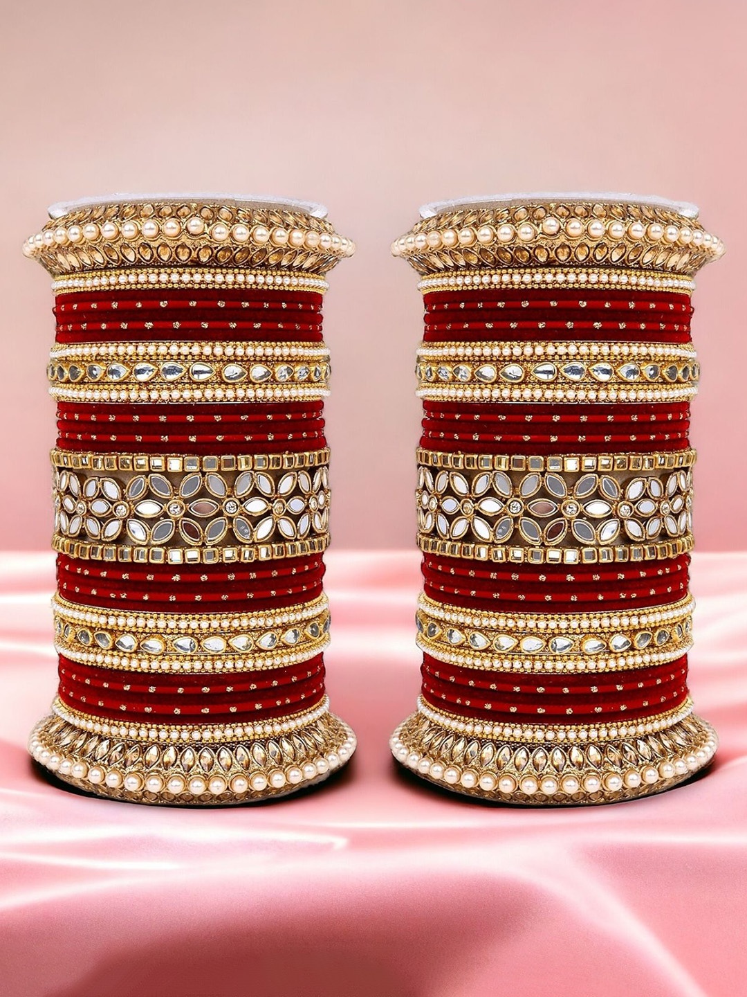 

leshya Set of 48 Brass-Plated Stone Studded & Beaded Mirror Bangles, Gold
