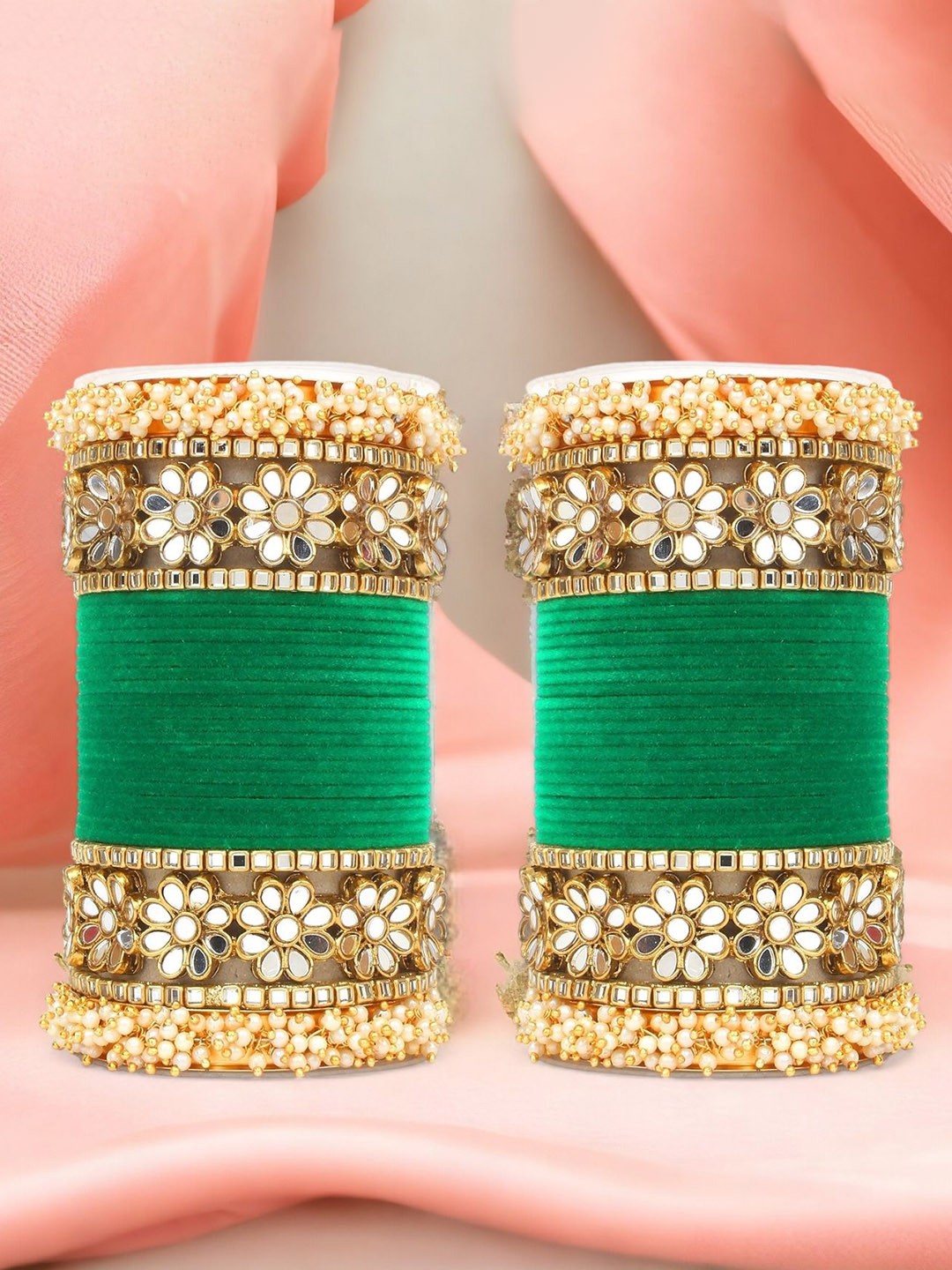 

leshya Set Of 48 Brass-Plated Stone-Studded & Beaded Bangles, Green