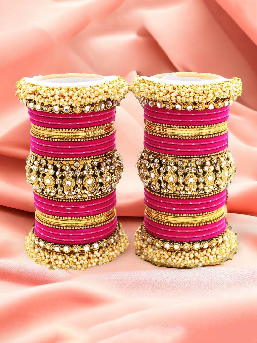 

leshya Set of 66 Brass-Plated Stone-Studded Bangles, Pink