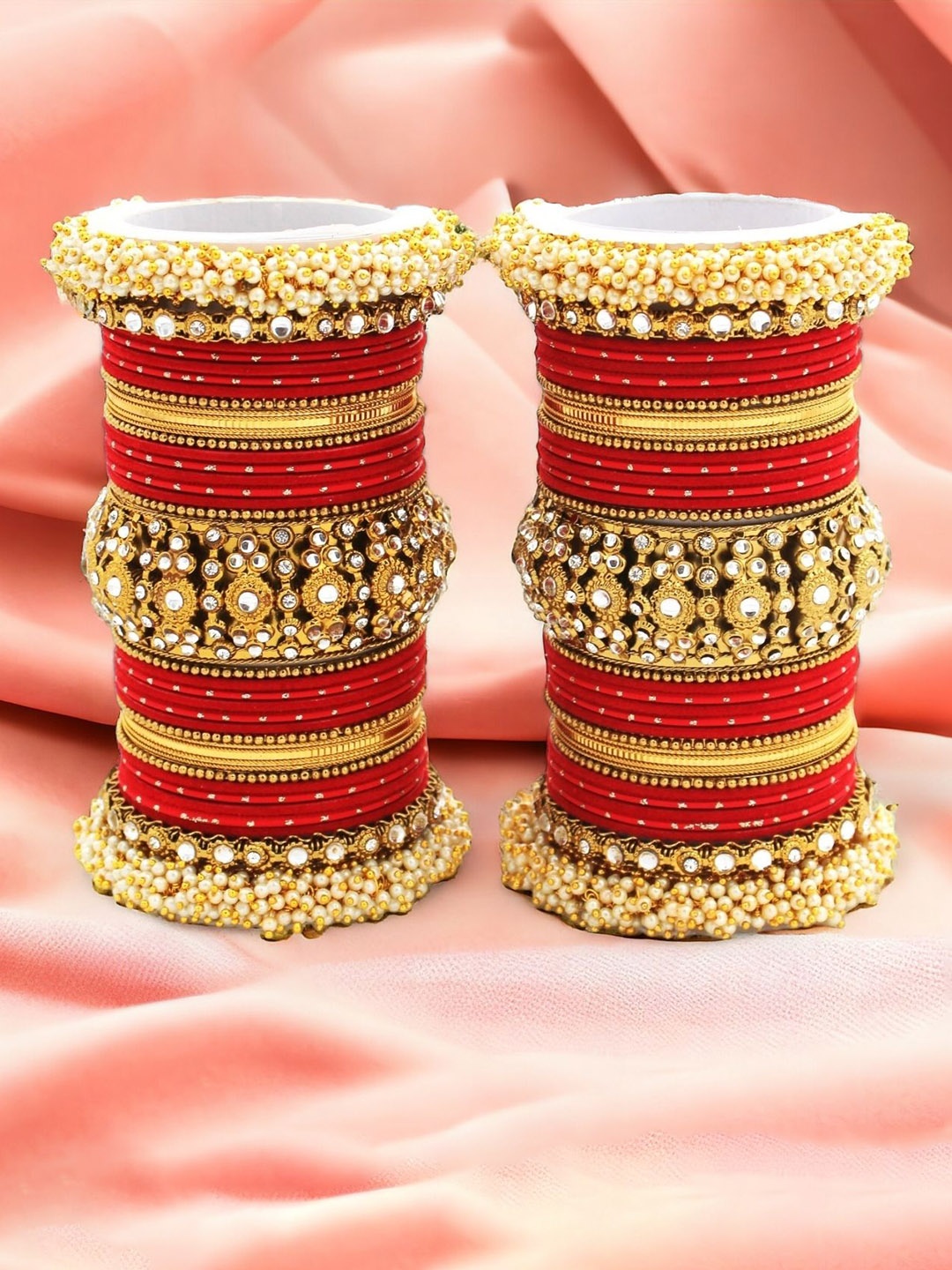 

leshya Set Of 66 Brass-Plated Stone-Studded & Beaded Bangles, Red