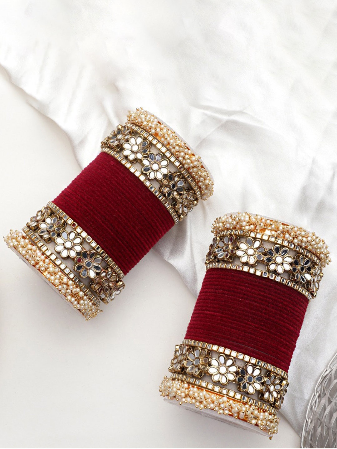 

leshya Set Of 48 Brass Plated Stone Studded & Beaded Bangles, Maroon