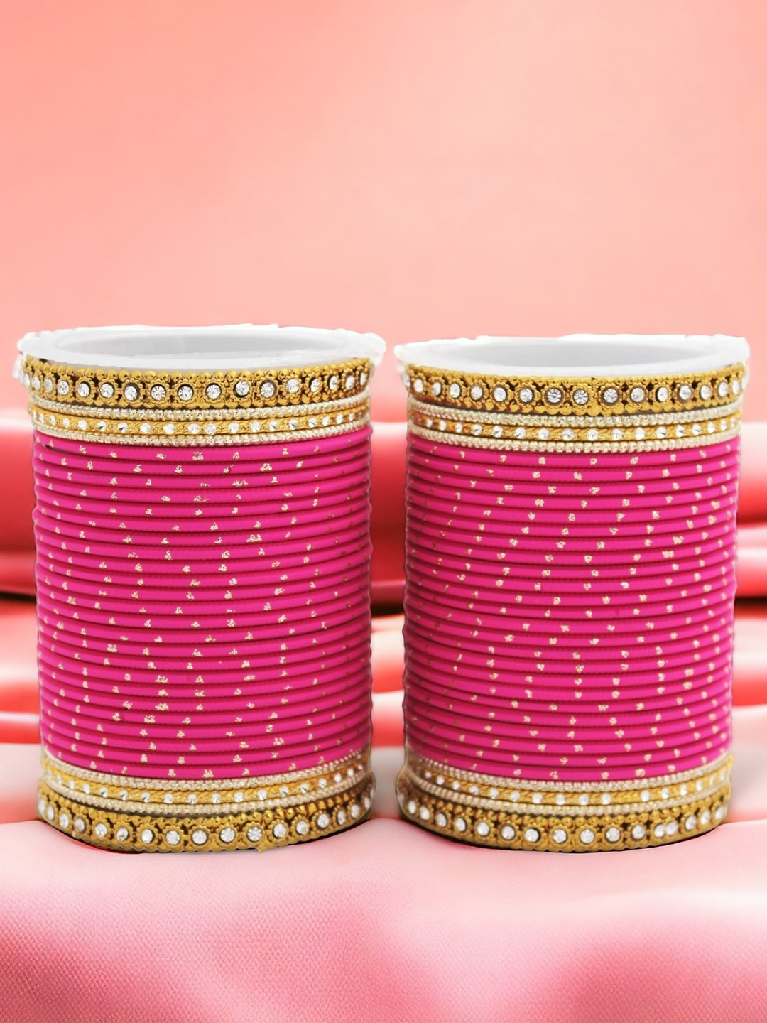 

leshya Set Of 64 Brass Plated Stone Studded & Beaded Bangles, Pink