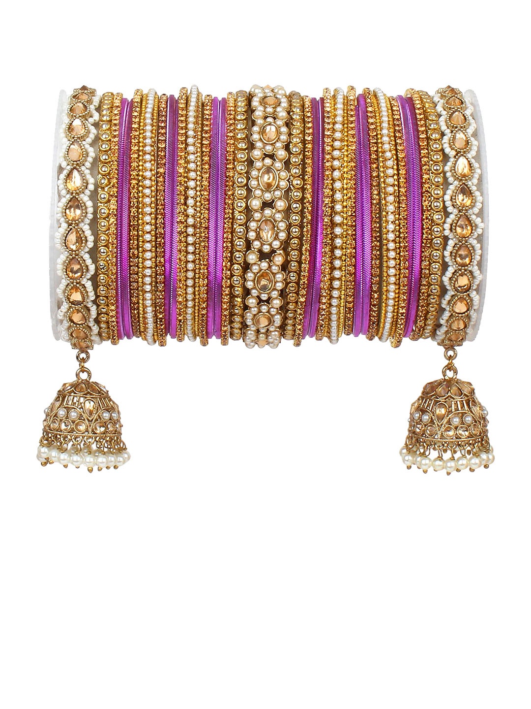 

leshya Set of 70 Brass-Plated Stone Studded & Beaded Bangles, Gold