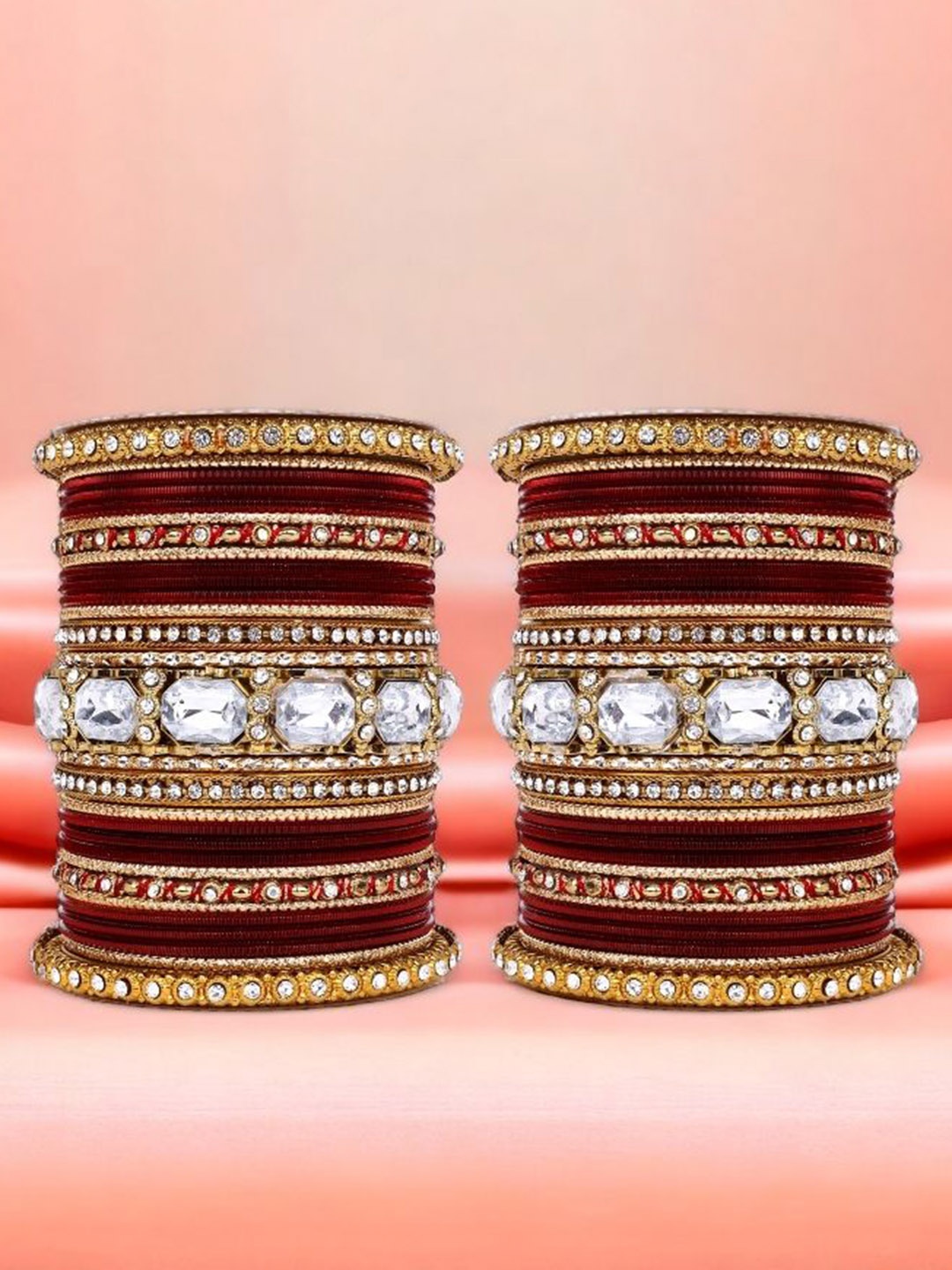 

leshya Set Of 62 Brass-Plated Kundan Studded Bangles, Maroon