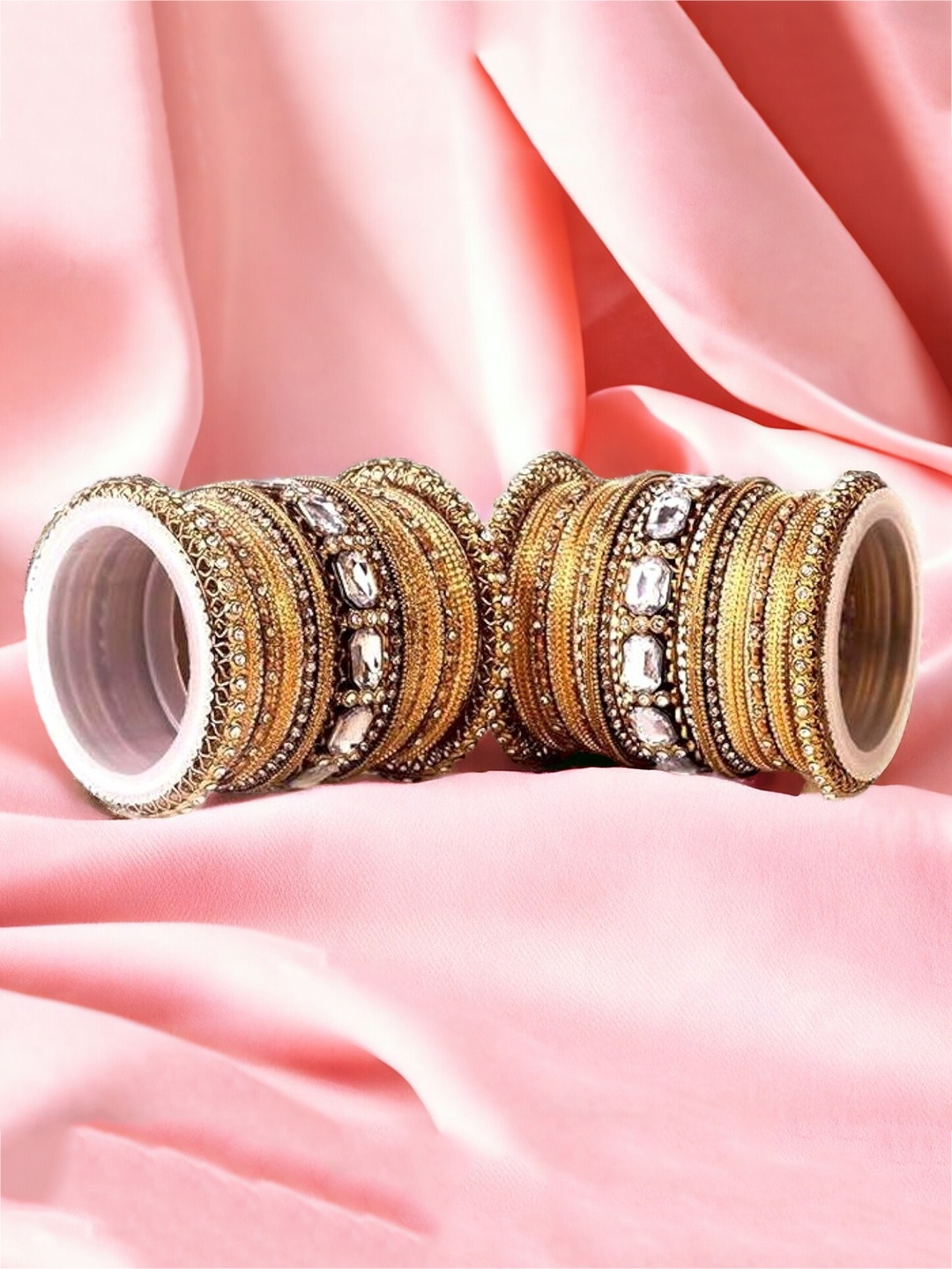 

leshya Set Of 62 Brass-Plated Stone-Studded & Beaded Bangles, Gold