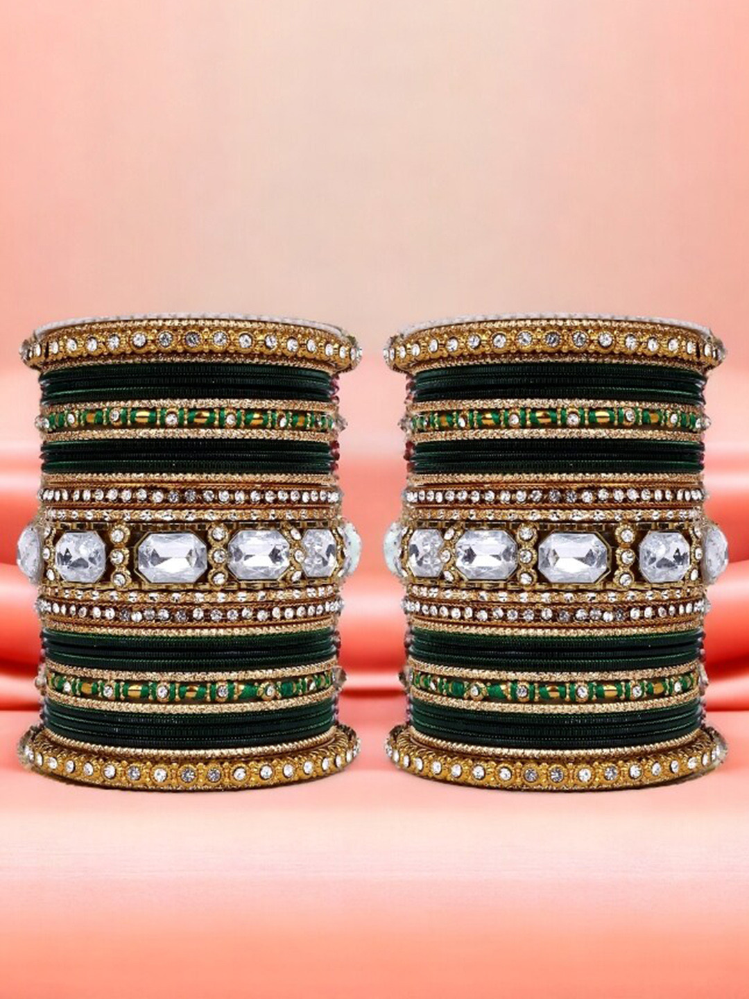 

leshya Set Of 62 Brass-Plated Stone-Studded & Beaded Bangles, Olive