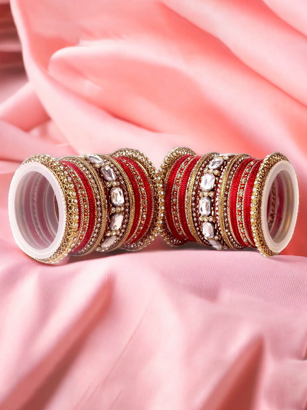 

leshya Set Of 62 Brass-Plated Kundan-Studded & Beaded Bangles, Red