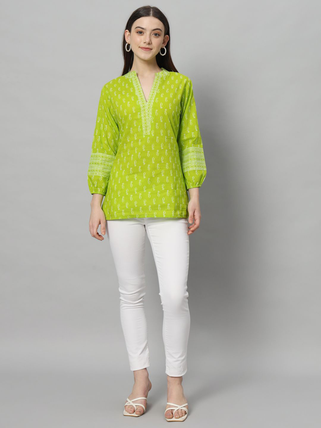 

HELLO DESIGN Mandarin Collar Floral Printed Cotton Top, Lime green