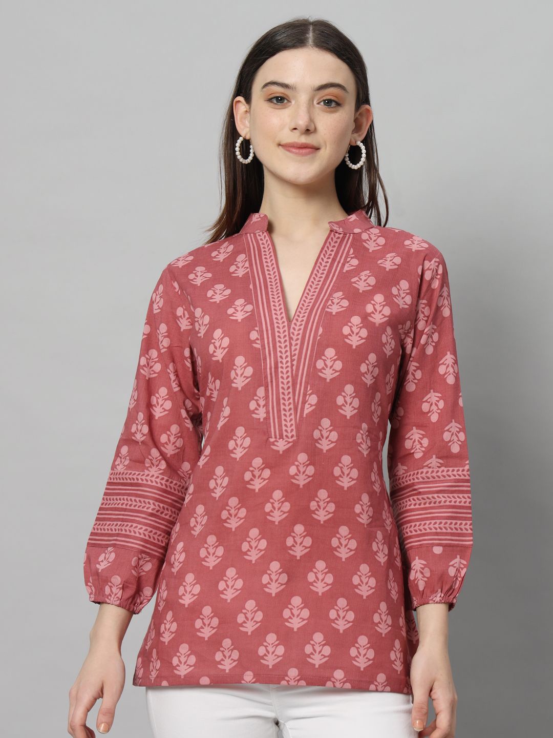

HELLO DESIGN Ethnic Printed Mandarin Collar Cotton Top, Mauve