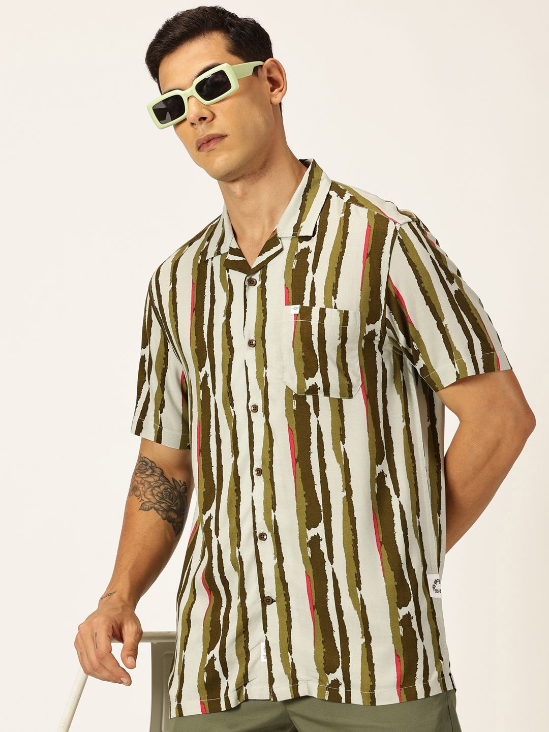 

Thomas Scott Men Smart Opaque Printed Casual Shirt, Olive