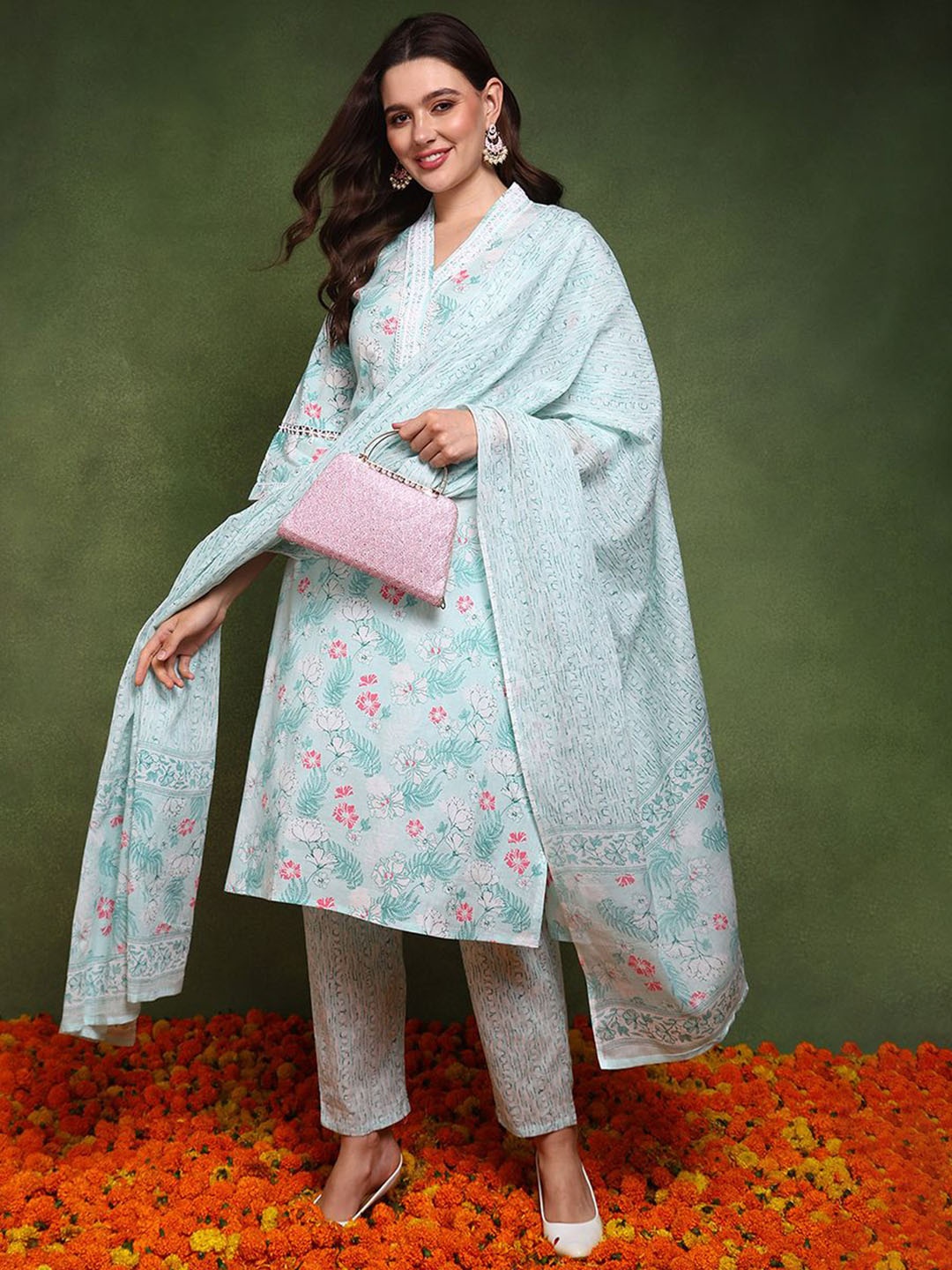 

KALINI Floral Printed V-Neck Pure Cotton Straight Kurta With Trousers & Dupatta, Teal