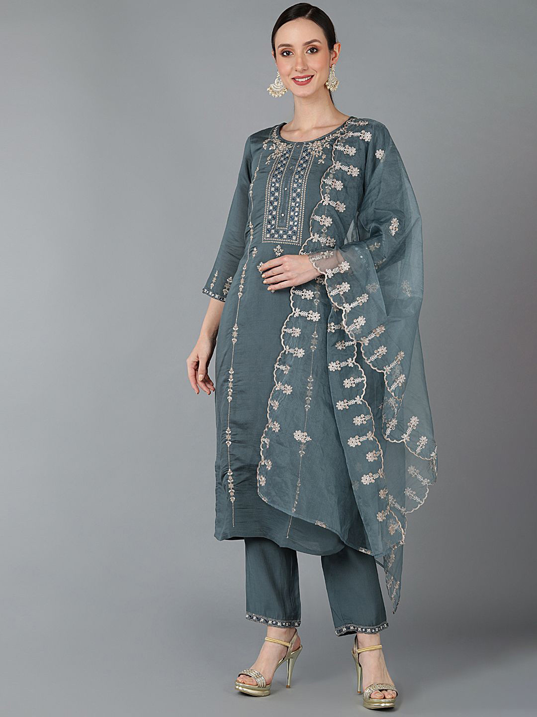 

KALINI Ethnic Motifs Embroidered Straight Kurta with Trousers & Dupatta, Charcoal