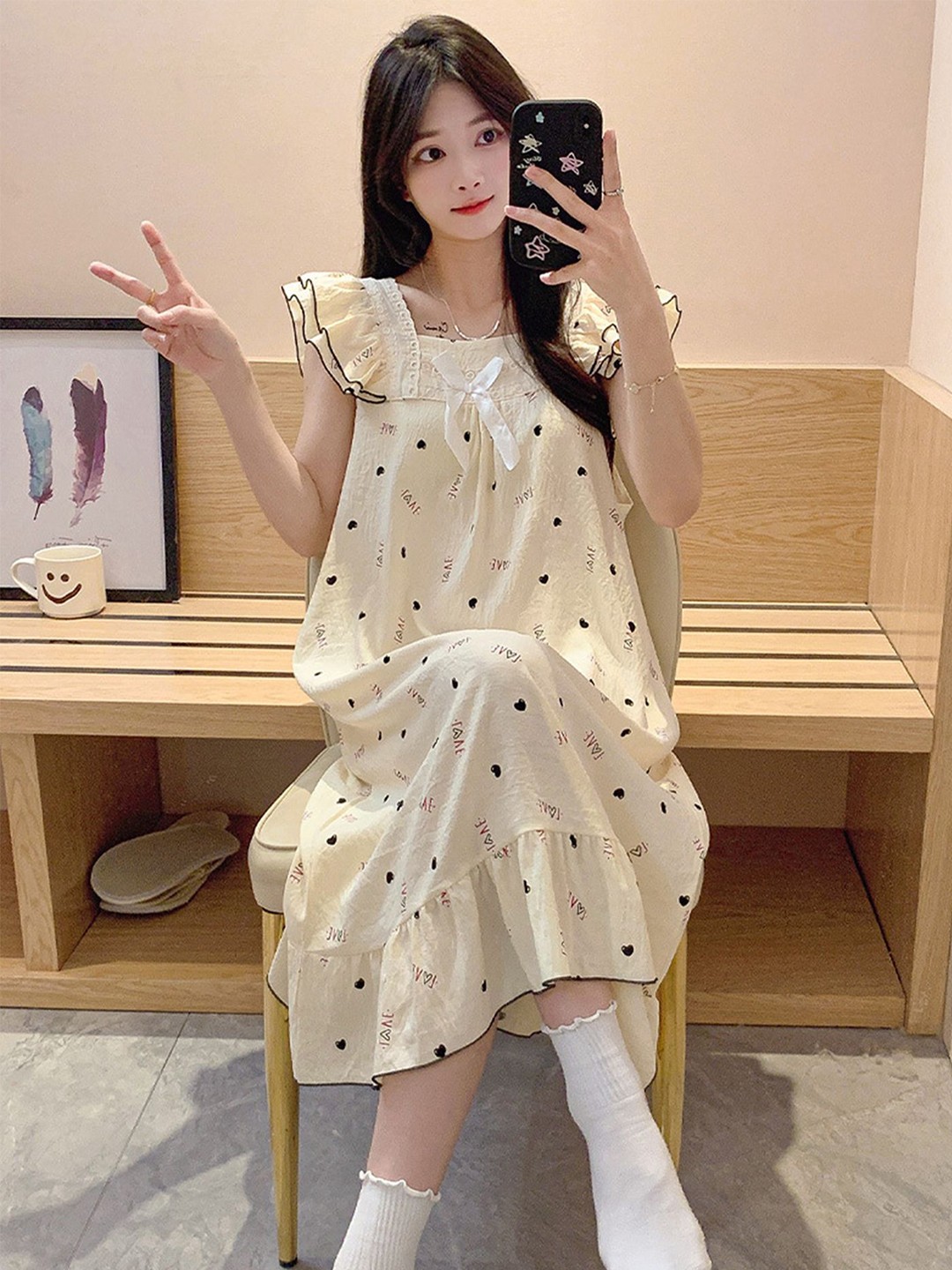 

LULU & SKY Geometric Printed Square Neck Nightdress, Off white
