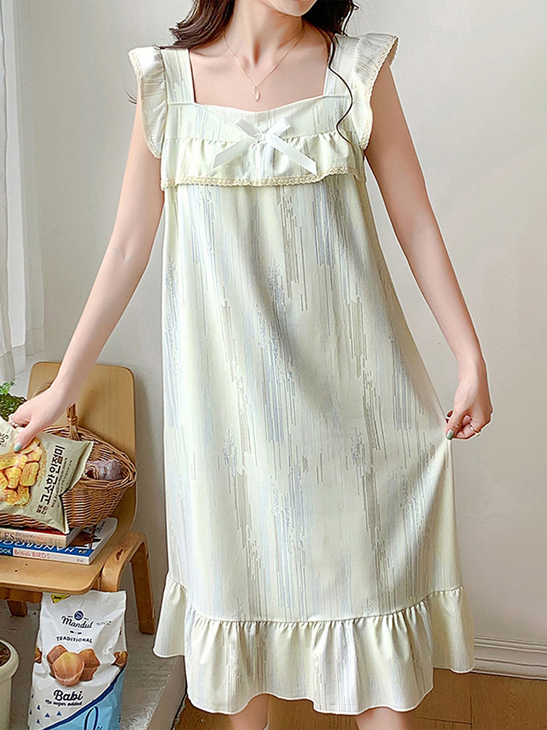 

LULU & SKY Abstract Printed Square Neck Nightdress, Yellow