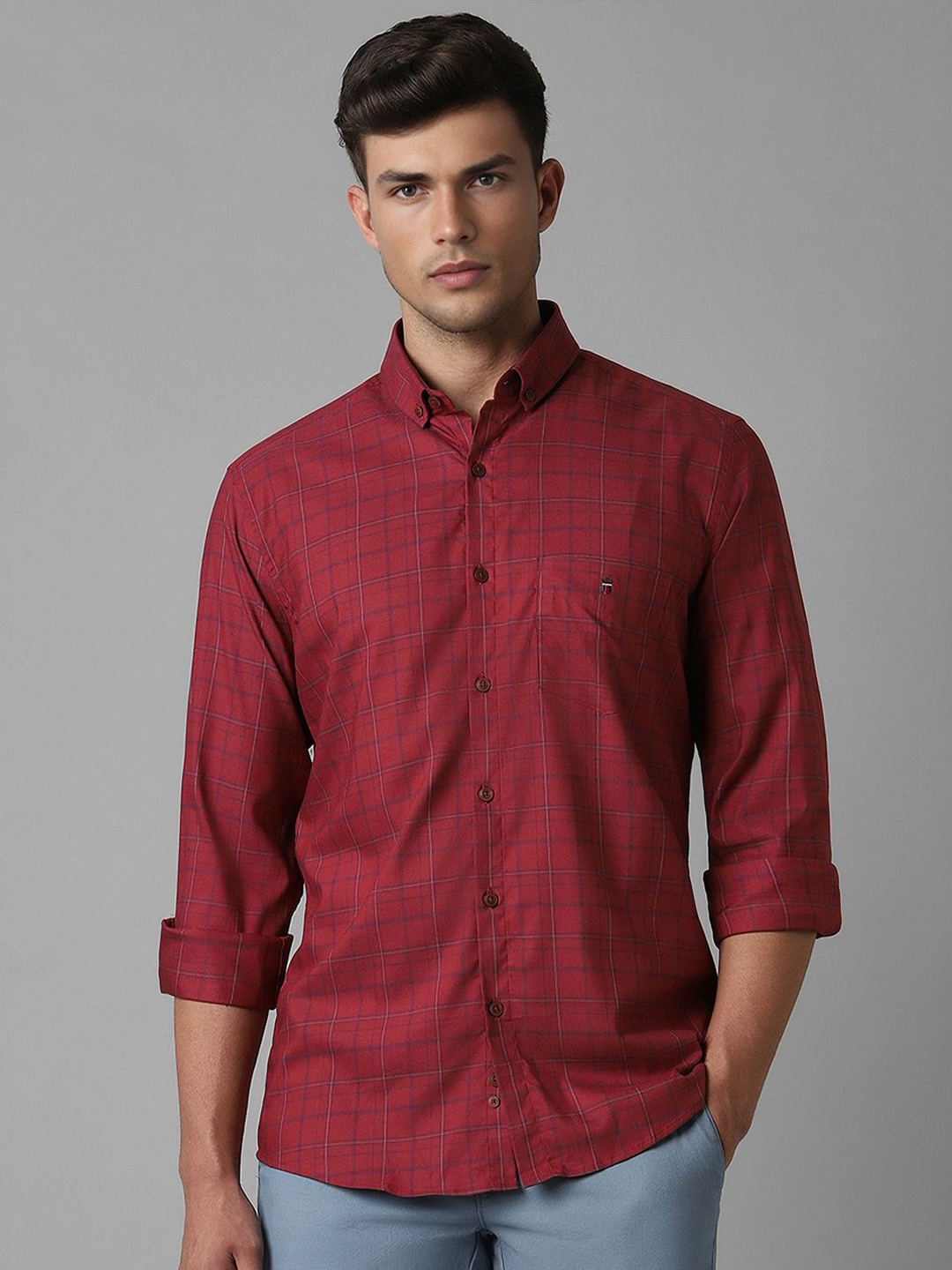 

Louis Philippe Sport Slim Fit Button-Down Collar Windowpane Checks Cotton Casual Shirt, Maroon