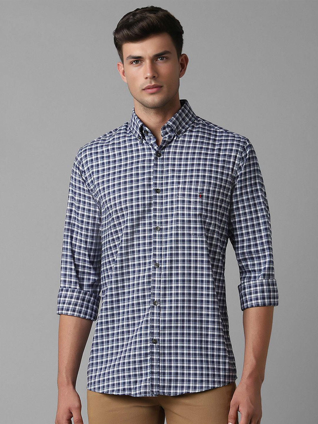 

Louis Philippe Sport Slim Fit Gingham Checks Button-Down Collar Checked Cotton Shirt, Navy blue