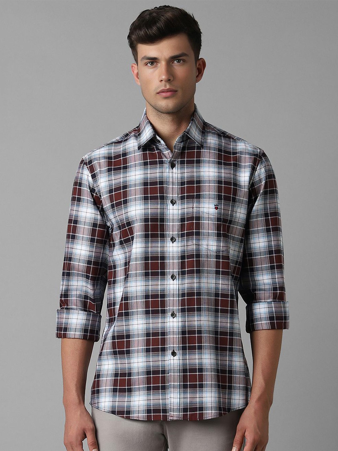 

Louis Philippe Sport Slim Fit Tartan Checks Pure Cotton Casual Shirt, Maroon