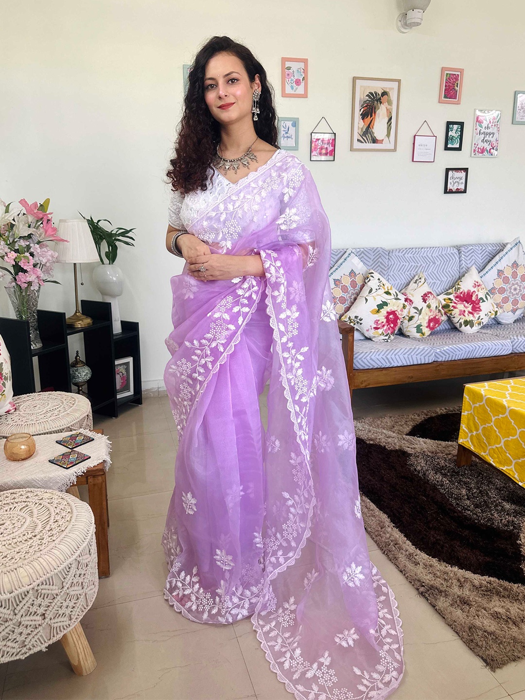 

Panzora Floral Embroidered Organza Saree, Lavender