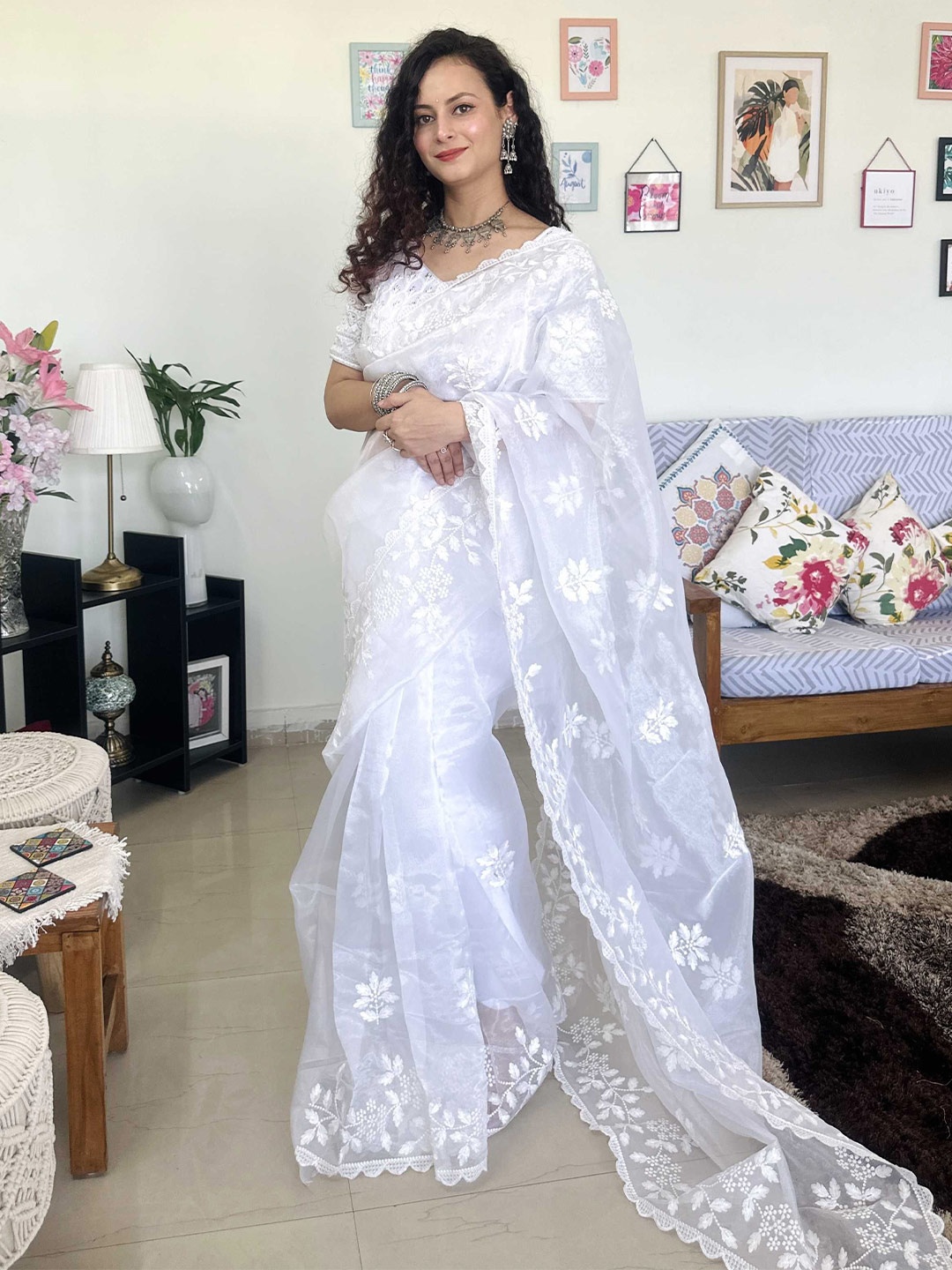 

Panzora Ethnic Motifs Embroidered Organza Saree, White