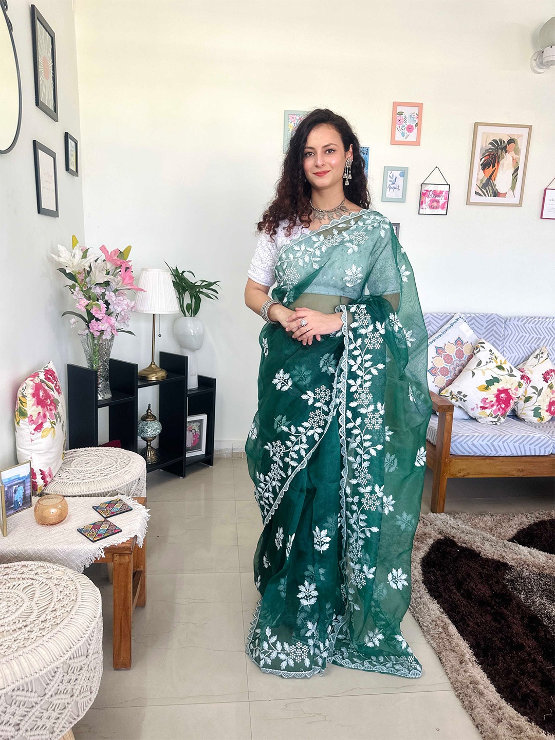

Panzora Floral Embroidered Organza Saree, Green