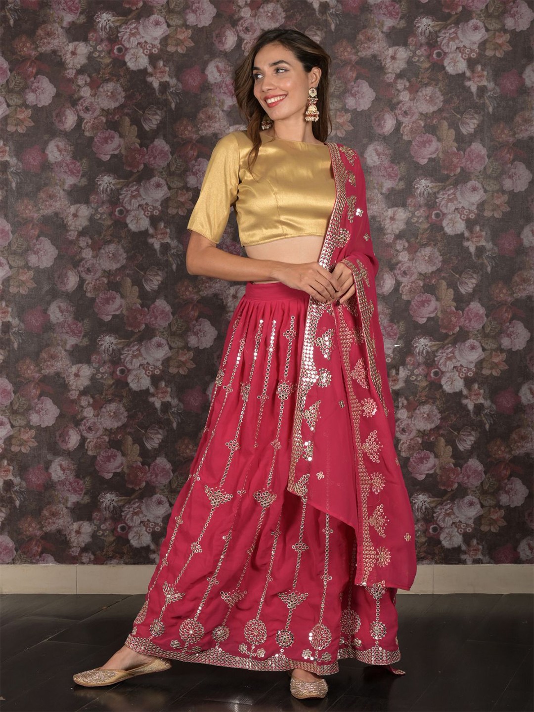 

ODETTE Embroidered Sequinned Semi-Stitched Lehenga & Unstitched Blouse With Dupatta, Magenta