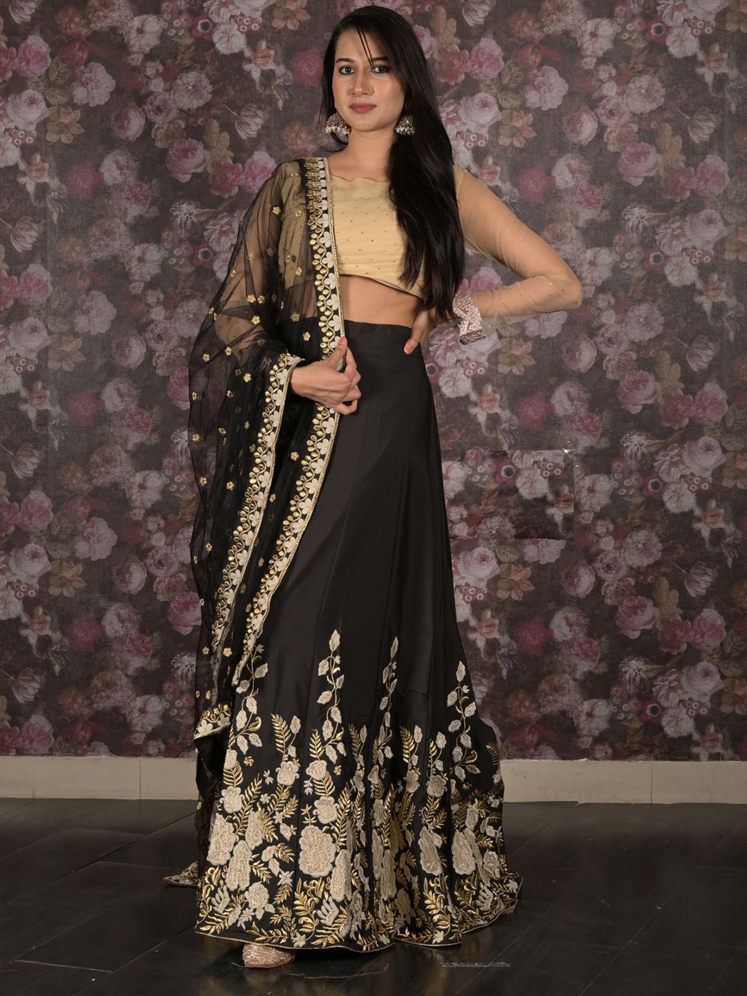 

ODETTE Embroidered Semi-Stitched Lehenga & Unstitched Blouse With Dupatta, Black