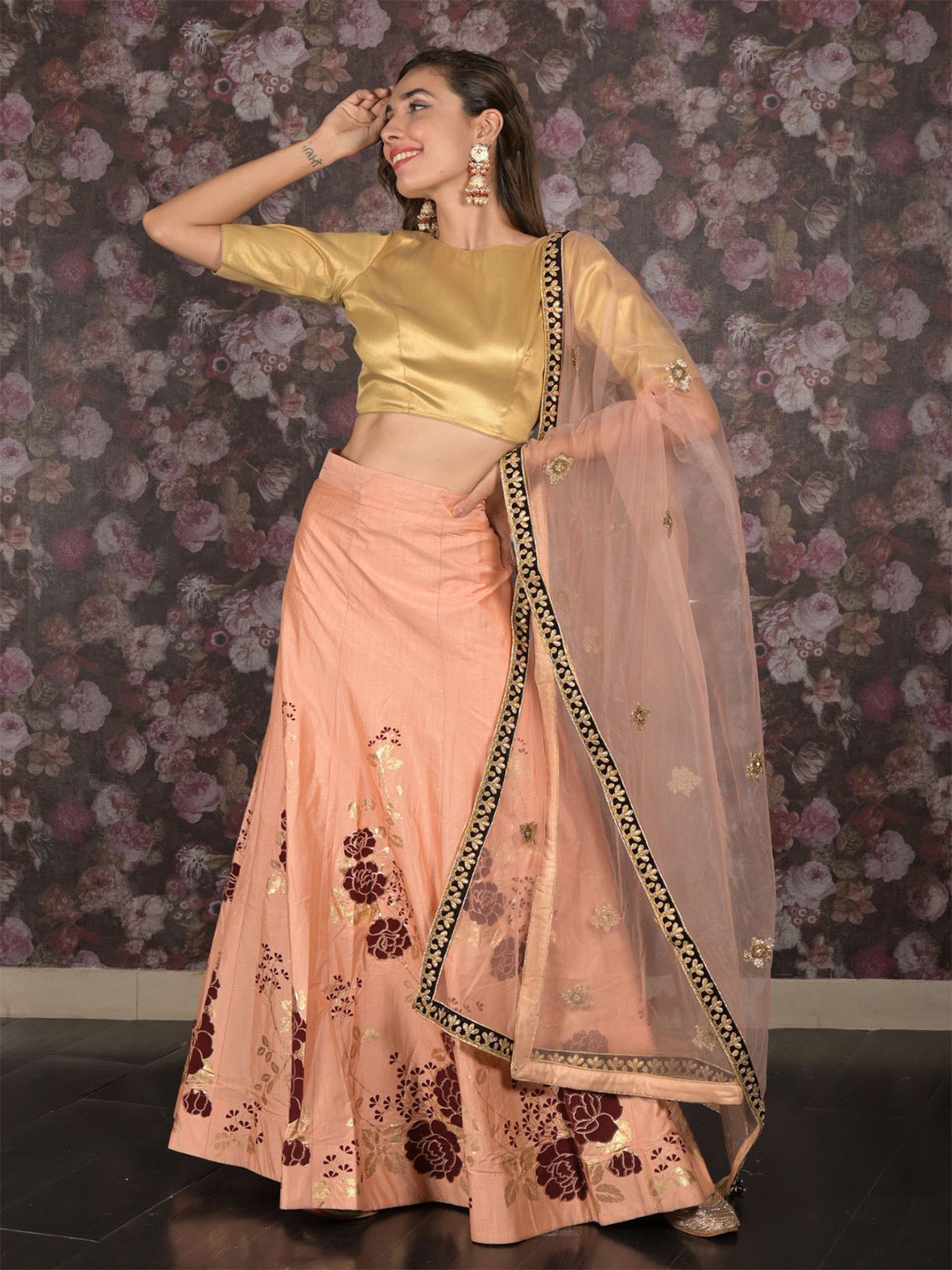 

ODETTE Woven Design Semi-Stitched Lehenga & Unstitched Blouse With Dupatta, Peach