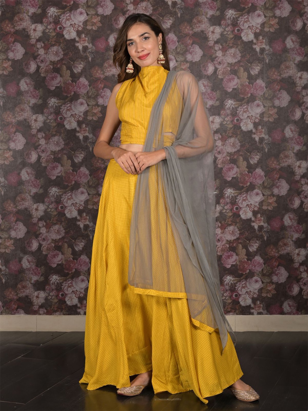 

ODETTE Checked Ready to Wear Lehenga & Blouse With Dupatta, Yellow