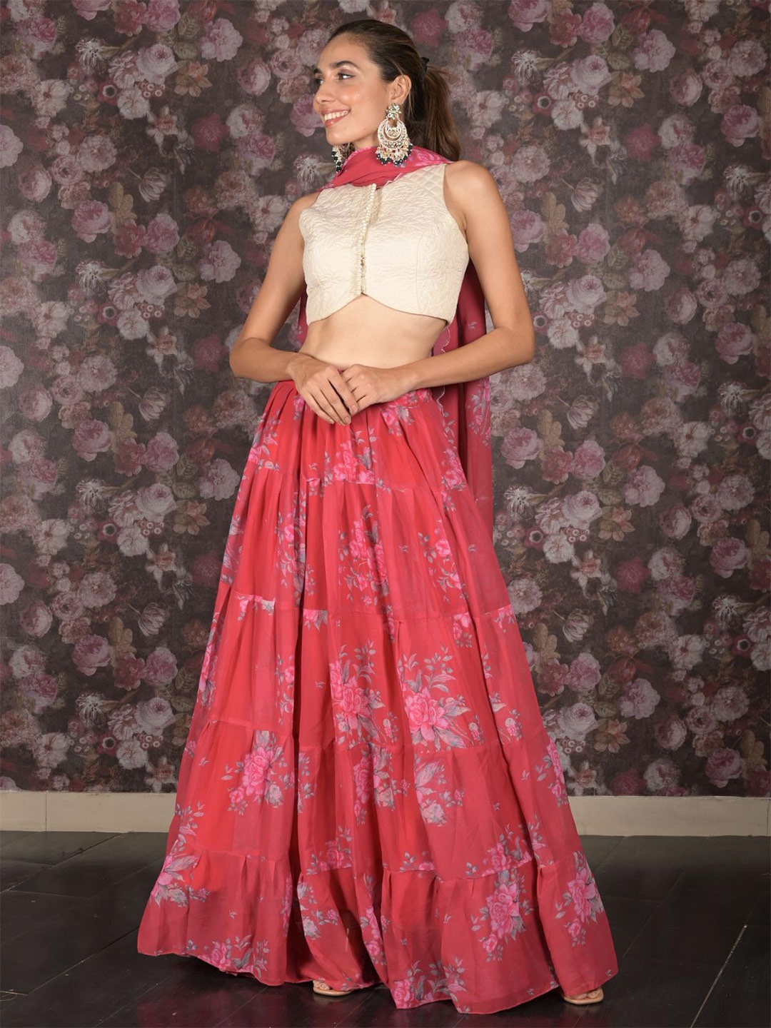 

ODETTE Printed Semi-Stitched Lehenga & Unstitched Blouse With Dupatta, Red