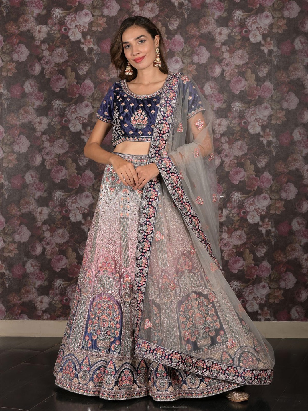 

ODETTE Embroidered Semi-Stitched Lehenga & Ready to Wear Blouse With Dupatta, Navy blue