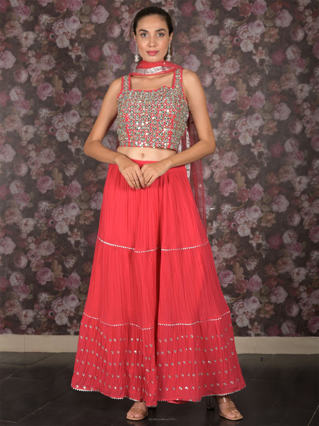 

ODETTE Embellished Mirror Work Ready to Wear Lehenga & Blouse With Dupatta, Pink