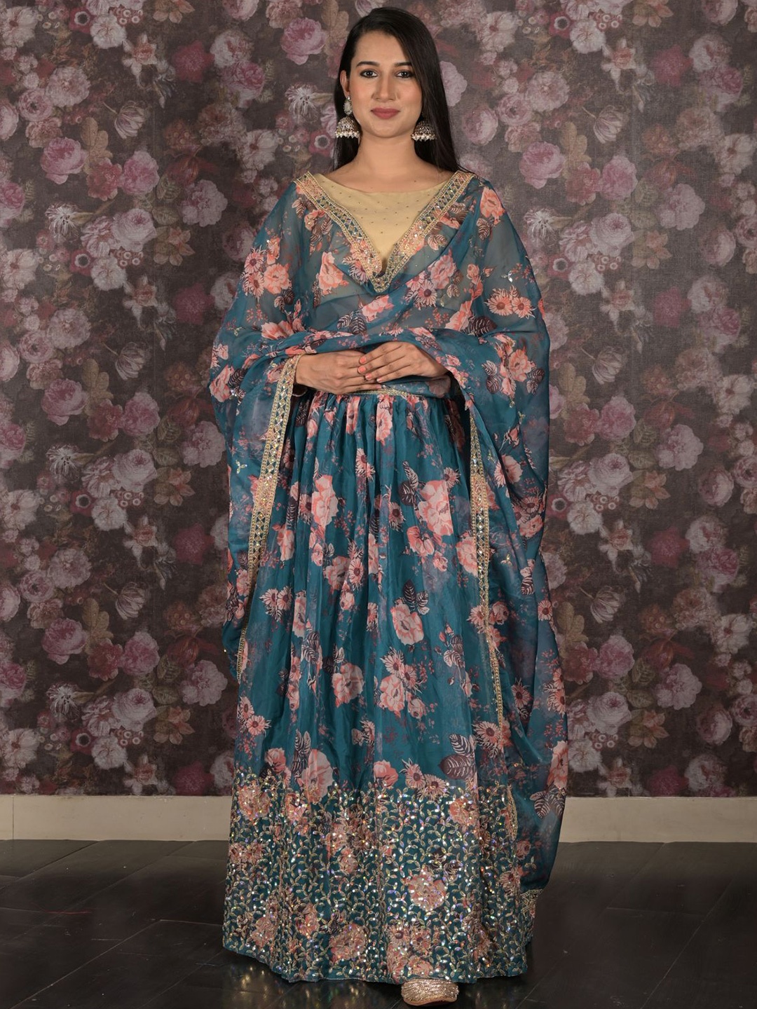

ODETTE Printed Semi-Stitched Lehenga & Unstitched Blouse With Dupatta, Teal