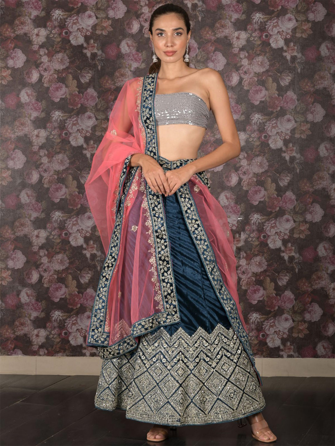 

ODETTE Embroidered Sequinned Velvet Ready to Wear Lehenga & Unstitched Blouse With Dupatta, Teal